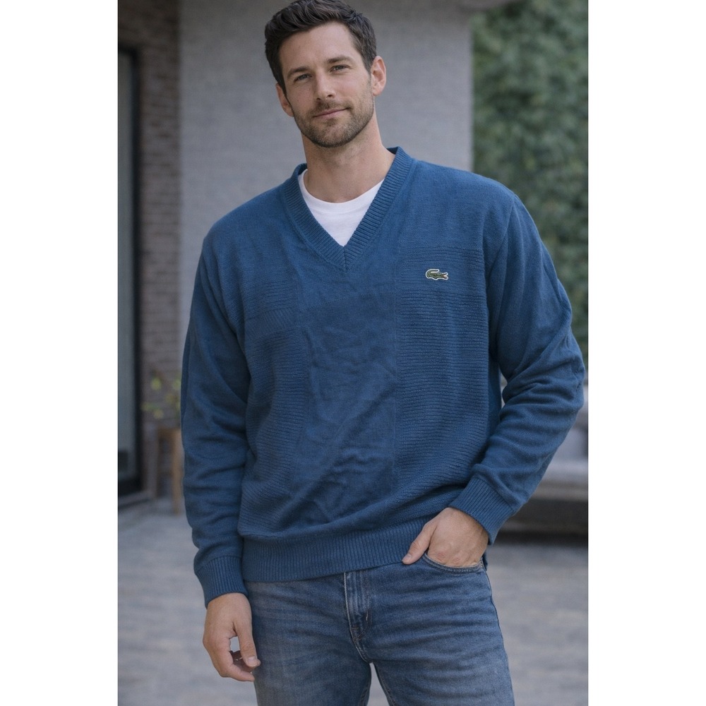Vintage Lacoste Chemise Sweater‎ Mens XL Blue V Neck Made In France Cotton Knit